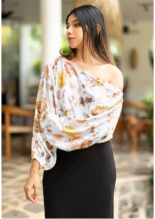 BROWN FLORAL ONE SHOULDER TOP